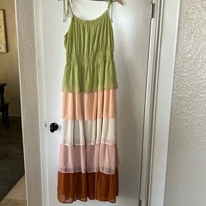 Maxi dress with tie straps. Multi color. Size Large. Worn once.